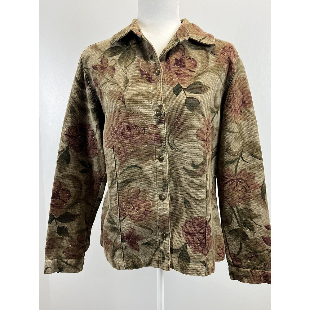 Chicos Designs Floral Shirt Jacket Shacket Sz 1 US Medium Full Button Lagenlook